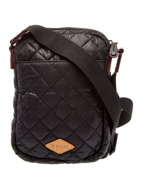 MZ Wallace Dark Gray Quilted Nylon Messenger Crossbody with Brown Leather Patch